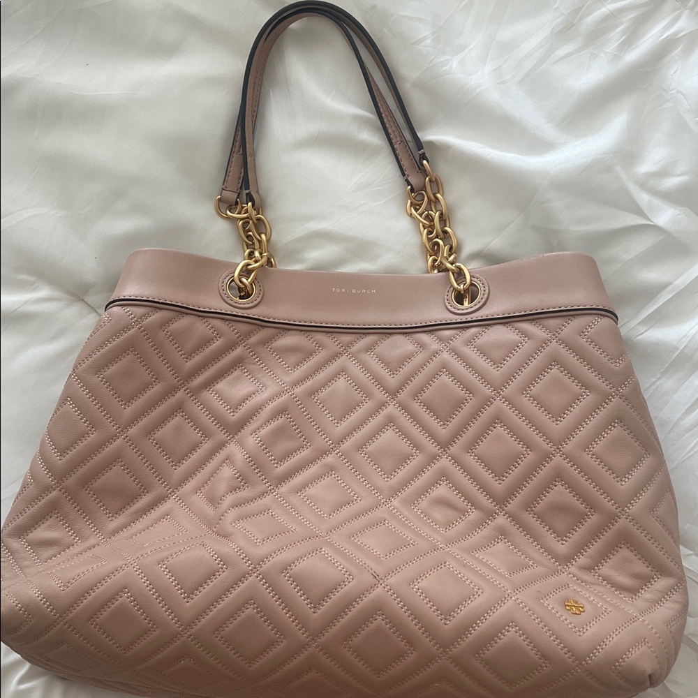 Tory Burch Blush Quilted Tote with Gold Accents